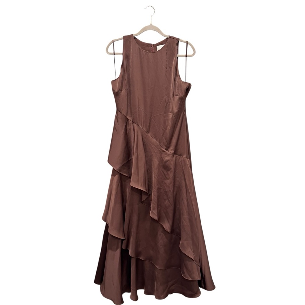 NWT Parker Angie Layered Ruffle Satin Maxi Dress Formal Wedding Brown Umber 12 - Picture 4 of 16